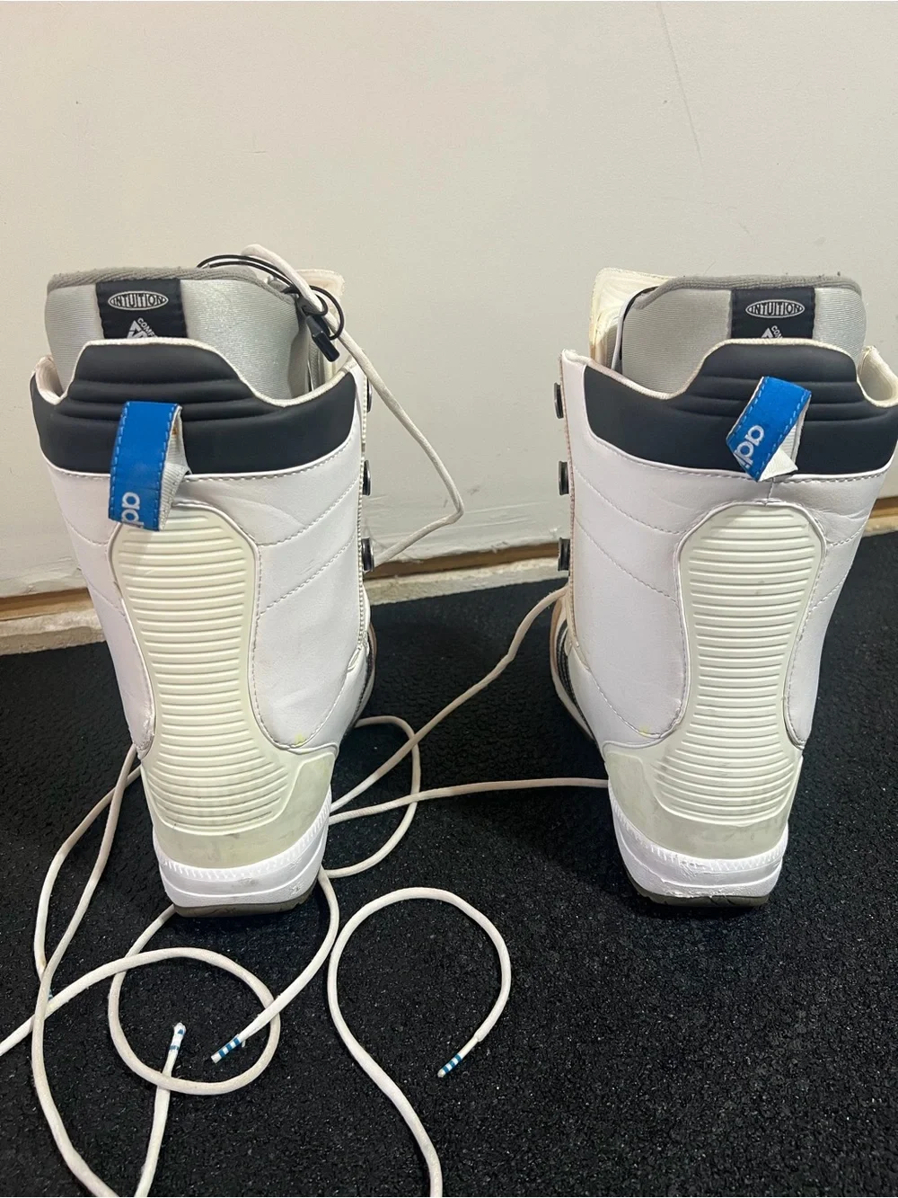 adidas White and Black Samba Snowboard Boots with Tan Accents